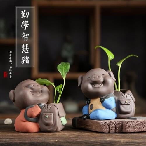 Ceramic Tea Pet Small Buddha Statue Monk Figurine Ornaments Desktop Flower Pot Purple Home Car Decoration Tea Accessories