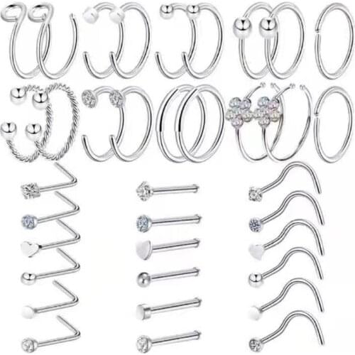 36 Pcs Titanium Steel Nose Rings Nose Piercings Jewelry Nose Rings Hoops Nose Studs Screw for Women Men