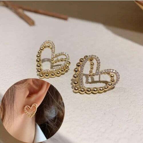 Korean Simple Shiny Rhinestones Hollow Heart Stud Earrings For Women Students Elegant Cute Boucle D'oreille Jewelry