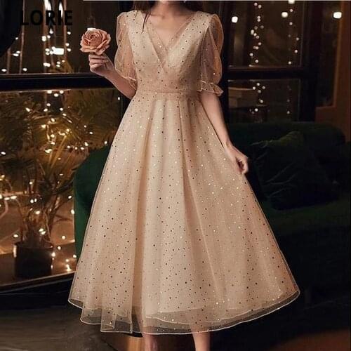 LORIE Glitter Deep Champagne A Line Prom Dresses Half Sleeves V-Neck Corset Sparkly 2021 Short Cocktail Evening Party Gowns