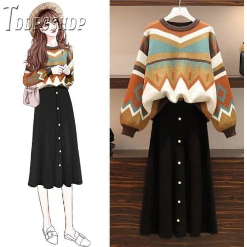 2019 Plus Size Autumn Winter Casual Women Sets Sweater And Skirt Female Sets