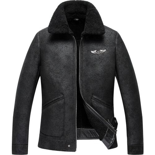 Mens Shearling Jacket Double-Face Fur Coat Sheepskin Leather Jacket Fashion Air Force Flight Suit Short Casual Jacket Gsj121