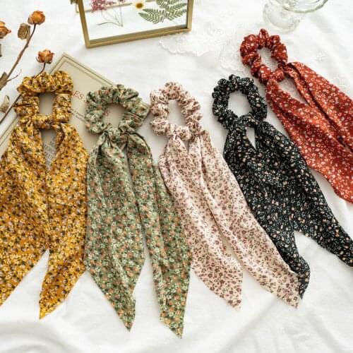 New Boho Beach Print Floral Long Ribbon Hair Band Sweet Hair Scarf Scrunchies For Women Trendy Elastic Hair Tie Hair Accessories