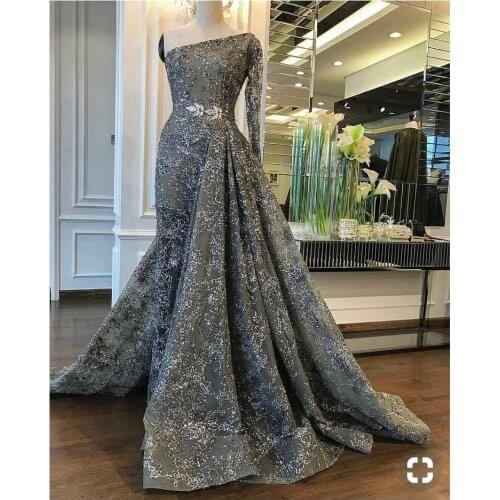 New Arrival Illusion One Shoulder Lace Long Sleeve Sheer Mermaid Evening Dresses with Overskirt 2019