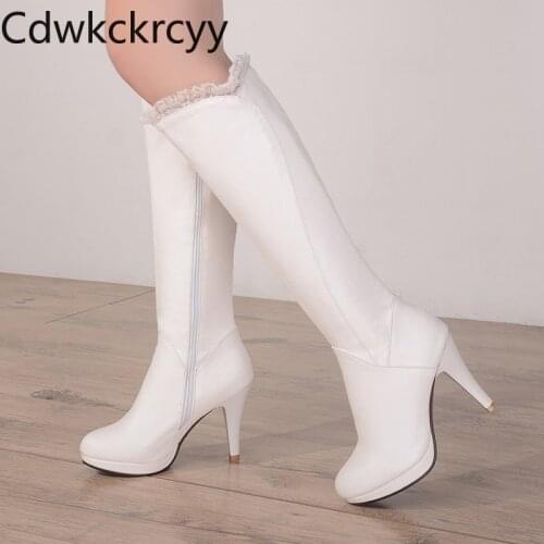 Winter The New fashion Round head Thick heel 10CM Knight boots white Lace Sexy Plus velvet Keep warm High heel Women boots 34-43