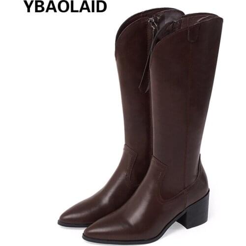 Pure Color High Barrel Thick Heel Boots for Fall/winter New Solid Color Pointed Toe Side Zipper High Heel But Knee Cowboy Boots