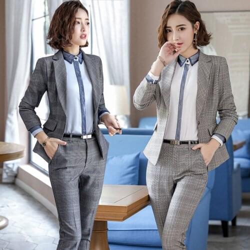 Office Lady Career Womens Wear Plaid Patterns Slim Blazer Women Jacket And Pants Spring Autumn Women Clothes Womens Suit LS005