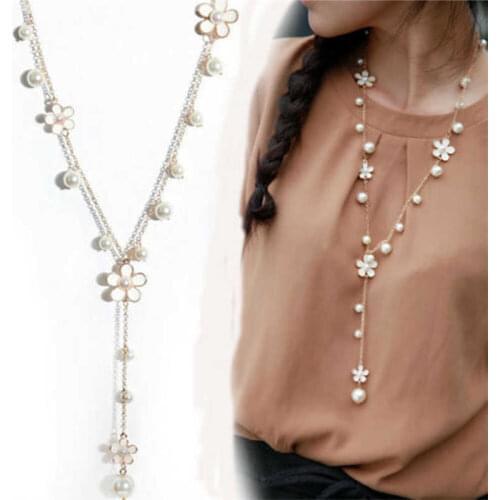 Necklace Chain Pearl Sweater Womens Long Pendant Flower White Elegant