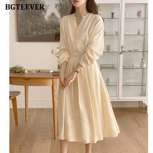 BGTEEVER Chic Elegant Single-breasted Mid-length Dress for Women Spring Summer V-neck Elastic Waist A-line Vestidos Femme 2021