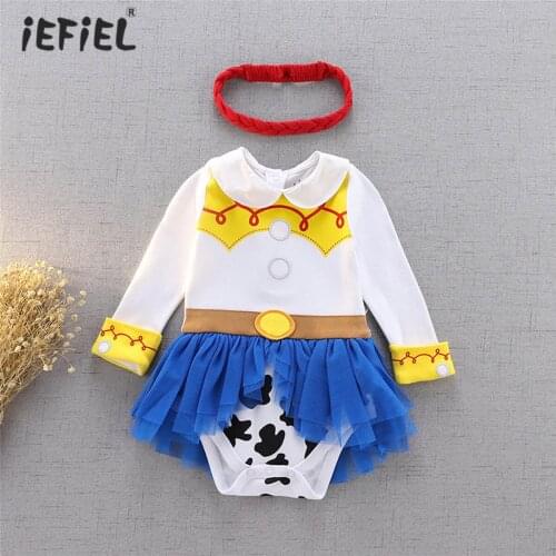 Lovely Cartoon Infant Baby Girls Princess Dresses Cotton Long Sleeves Romper with Headband Baby Clothes for Halloween Christmas