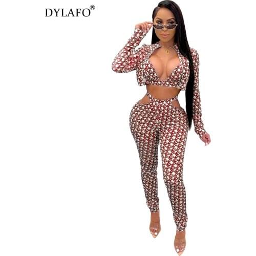 Sexy Hollowed-Out And Exposed Waist Print Three-Piece Suit Print Jacket +Top+Pant Suit Female 2020 Autumn Winter Slim Lady Suit