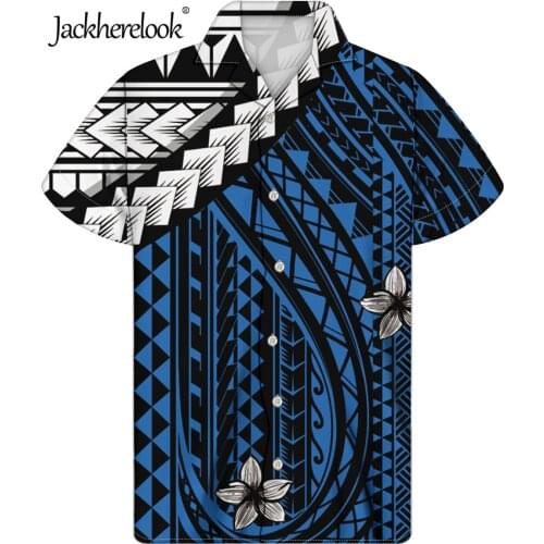 Jackherelook Blue Polynesian Tattoo Tribal Style Loose Shirts Mens Hawaiian Clothing Summer Short Sleeved Tops for Teen Boys