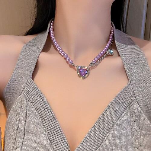 U-Magical Luxury Asymmetry Purple Rhinestone Love Heart Pendant Necklace for Women Shining Crystal Faux Pearl Necklace Jewelry