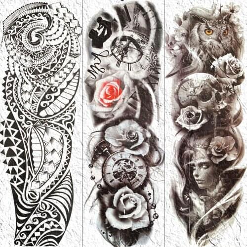 YURAN Long Full Arm Leg Black Fake Tattoos Temporary Rose Flower Clock Tatoos Waterproof Skull Owl Tattoo Stickers For Men Women