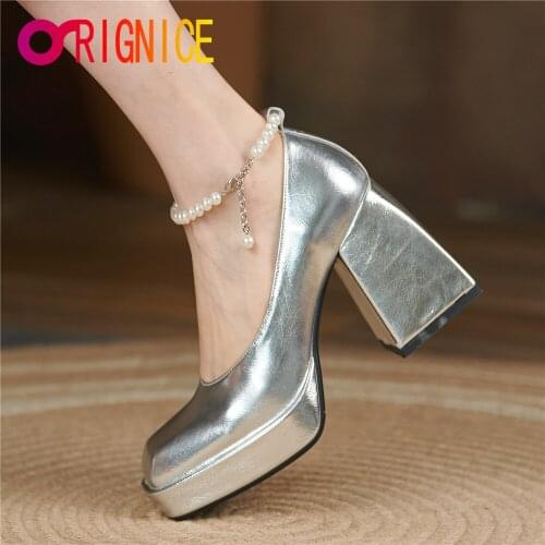 Orignice New Sexy Women Pumps Spring Autumn Platform Thick High Heels Sliver Black Fashion Square Toe Dress Party Wedding Shoes