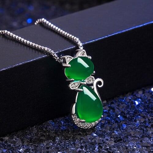 Vintage Cat Green Jade Pendants Necklaces For Women 925 Sterling Silver Chain Choker Necklace Party Silver 925 Jewelry Gifts