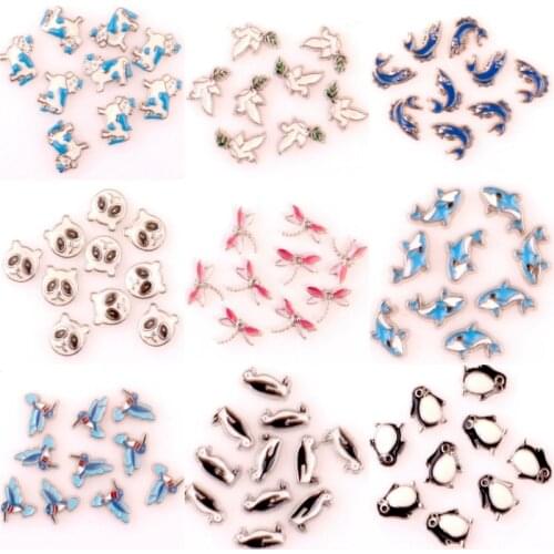 40Pcs/lot Pigeon And Penguin Floating Charms Metal Cows and Fish Fit Living Memory Glass Floating lockets Crafting Jewelry