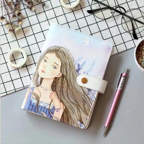 Comic girl Cute cat pattern Loose-leaf Notebook Spiral 6 Hole Removable Buckle Diary Color line Dotted Grid inner pages Gift A6