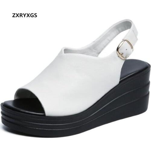2021 New High Quality Cowhide Summer Fish Mouth Sandals Platform Heighten Sandals Wedges Elegant Women Sandal Shoes