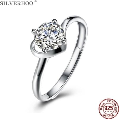 SILVERHOO Real 925 Sterling Silver Romantic Heart Finger Rings For Women Sparkling CZ Adjustable Engagement Ring Silver Jewelry