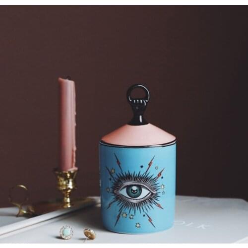 Lovely Design Big Eyes Jar with Lids Ceramic Decorative Candle Holder Storage Cans Home Decorative Box for Makeup