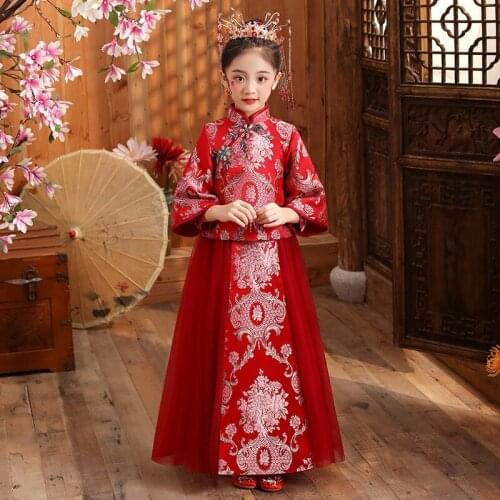 Autumn And Winter Girls' Hanfu Red Thickened Long Sleeves New Years Dress Birthday Party Evening Dress Stage Performance Dress