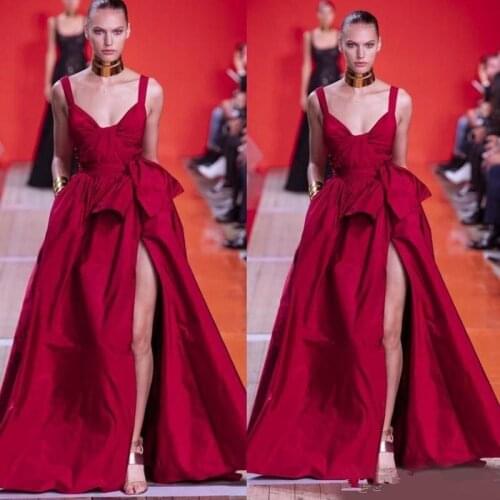 2020 Red Spaghetti Sexy Prom Dresses Side Split Runway Fashion Ruffle Evening Gowns Sweetheart Neck Party Dress