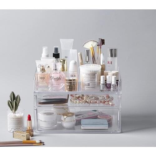 Fashion Makeup Organizer Box Combinable Transparent Acrylic Double Drawer Cosmetics Receivin Home Desktop Organizer