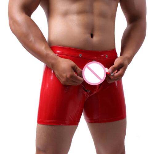 Men Underwear Boxers Hombre Font Pouch Open PU Leather WetLook U Convex Pouch Boxer Shorts Open Butt Underpants Mens Lingerie