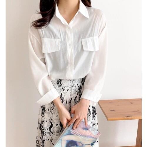 Solid Shirt Women Loose Casual Blouse Jacket 2020 Autumn New Full Sleeve Double-pocket White OL Work Shirts Female Plus Size