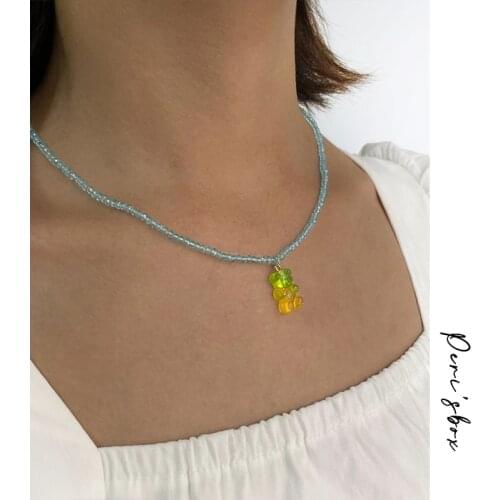 PerisBox Trendy Cute Faceted Acrylic Beaded Necklaces Mixed Color Bear Pendant Necklaces For Women Girl Daily Summer Jewelry