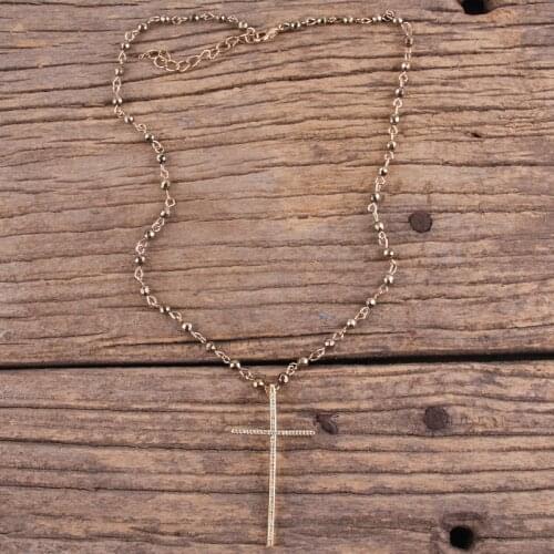 RH Fashion Bohemian Jewelry Accessory 4mm Stones Rosary Link & Chain With Cross Pendant Necklaces For Women Gift Dropship