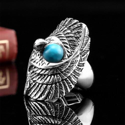 Retro Indian Style Turquoise Inlaid Ring Domineering Mens Titanium Steel Eagle Ring Fashion Mens Motorcycle Party Jewelry