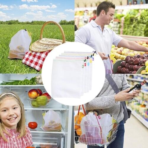 Kitchen Green Fruit Vegetable Supermarket Mesh Storage Bag Polyester Stitching 5pcs/set