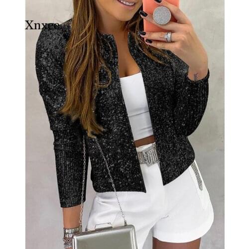 Spring and Autumn Womens Fashion Sequined Jacket Womens Glitter Long Sleeve Short Jacket Elegant Jacket Office Ladies Pure Col
