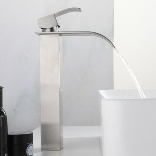 Bathroom Waterfall Faucet 304 Stainless Steel Square Brushed Hot and Cold Water Mixer Tap Washbasin Vessel Sink Faucets Tall