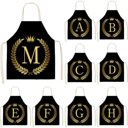 Black Golden Crown Letter Alphabet Print Kitchen Apron for Woman Man Cotton Linen Aprons for Cooking Home Cleaning Tools Tablier