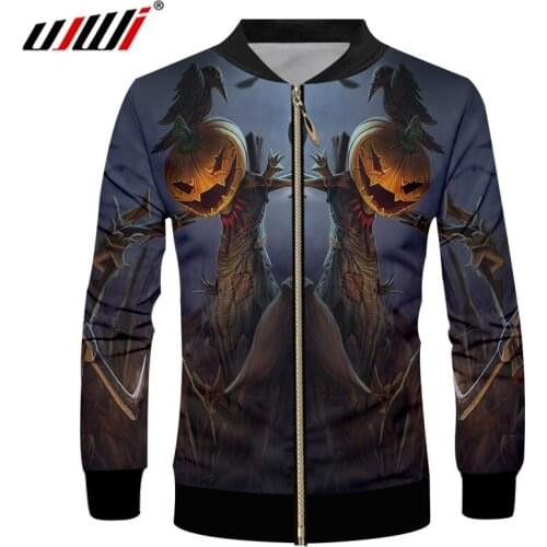 UJWI Happy Halloween Crow Theme Zip Jacket 3D Printed Scarecrow And Pumpkin Head Mens Coat Lovers Clothing