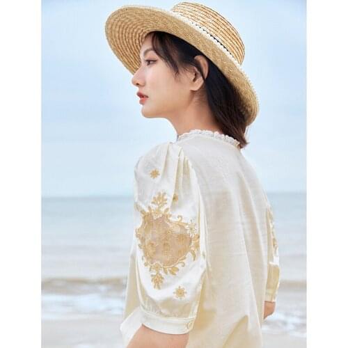 INMAN Vintage Blouse Elegant Lady Palace Chic Style Shirt Summer Guaze With Embroidery DrInkle Puff Sleeve Lace Collar Women Top