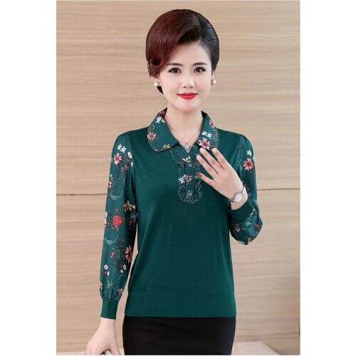 Womens New Mother Spring Autumn Clothes Chiffon Long-Sleeved T-Shirt Top Middle-Aged Elderly Large Size Bottoming Shirt