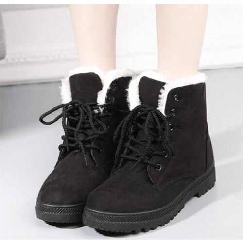 Flock Lace Up Snow Boots Women Winter Warm Fur Plush Insole Bootee Woman Ankle Boots 2019 Lady Femme Flat Shoes Big Size 43 44