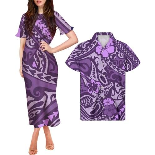 HYCOOL Polynesia Tribal Hibiscus Print Ruffle Short Sleeve Dresses Purple Women Elegant Party Long Dress Couple Matching Clothes