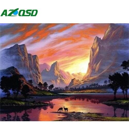 AZQSD Picture By Number Framed Sunset Drawing On Canvas Oil Painting By Numbers Scenery Kits Handpainted Room Decor