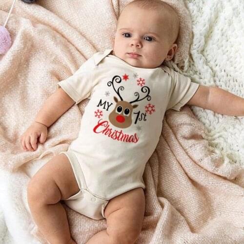 Newborn My First Christmas Print Baby Bodysuit Infant Boy Girl Soft Short Sleeve Party Dress Jumpsuit Baby Funny Clothes
