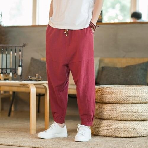 MrGB Chinese Style Men Baggy Pants Cotton Linen Capris Solid Color Joggers Pants Casual Fashion Vintage Trousers Mens Clothing