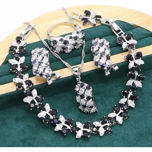 Black White Zircon 925 Silver Jewelry set for Women Wedding Party Bracelet Hoop Earrings Necklace pendant Ring