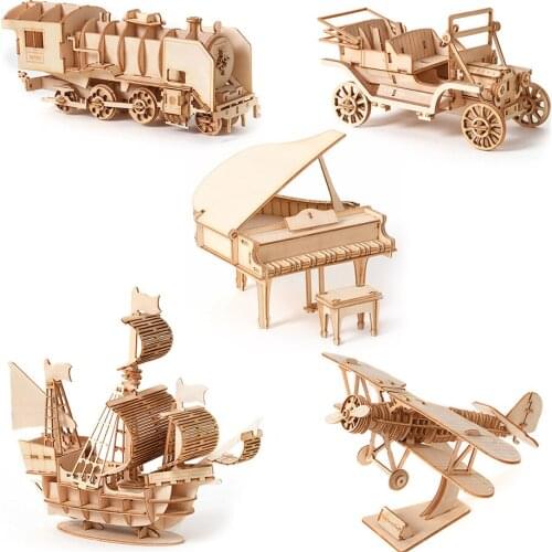 3D Wooden Puzzle Train Cutting Decoration Assembly Kids Desk Laser Sailboat Adult for Children Car Model DIY Aircraft Handmade