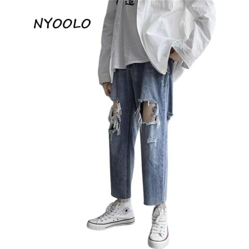 NYOOLO Vintage Streetwear Bleached Ripped Destroyed Hole Washed Jeans Women Men Summer Hip Hop Ankle Length Straight Denim Pants