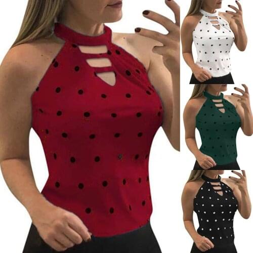 Elegant Slim Blouse Women Round Neck Sleeveless Polka Dot Keyhole Back Slim And Fit Halter Tops Plain Shirts Blouse Femme