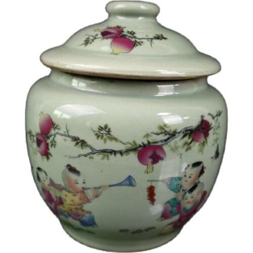 China Old Porcelain Pink Baby Play Pattern Covered Pot
